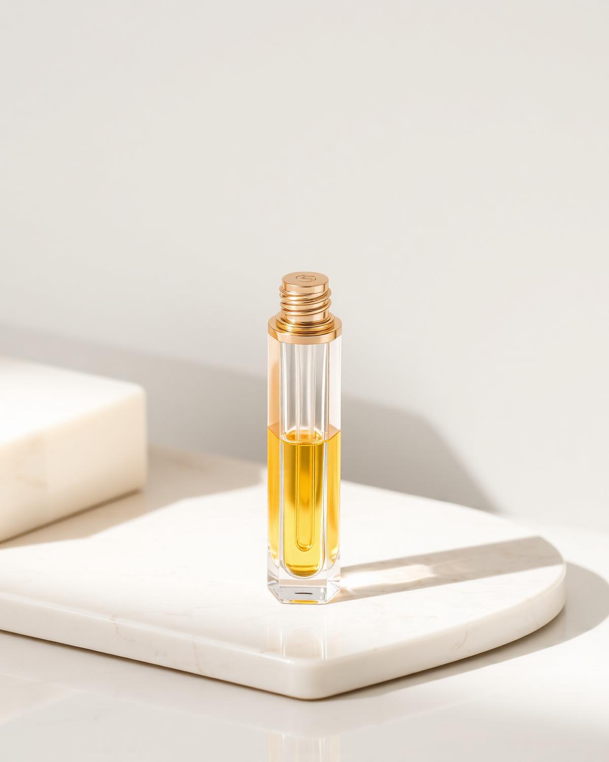 Aura Lip Oil — a slim glass bottle of luminous lip oil