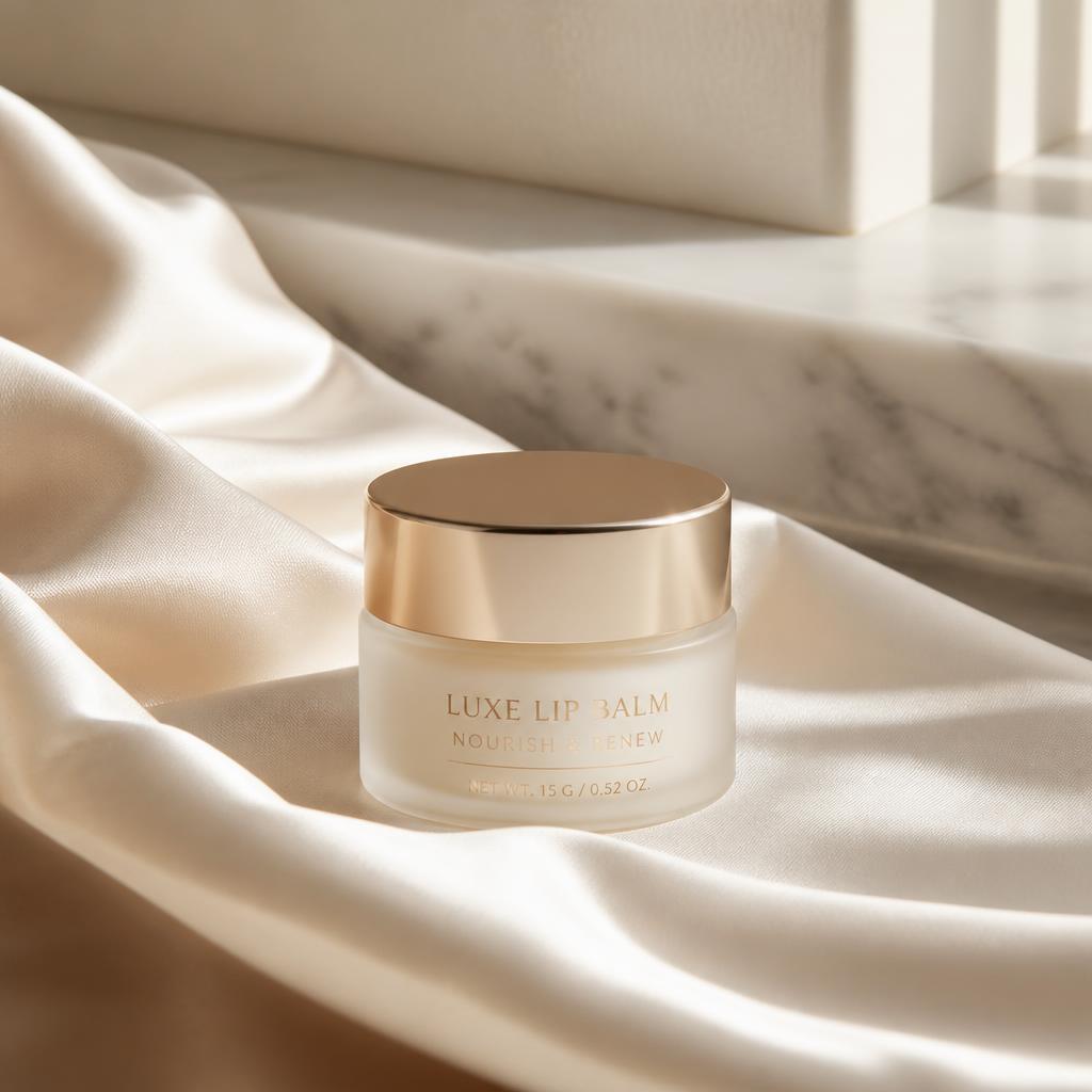 A frosted glass lip balm jar on ivory silk in soft light